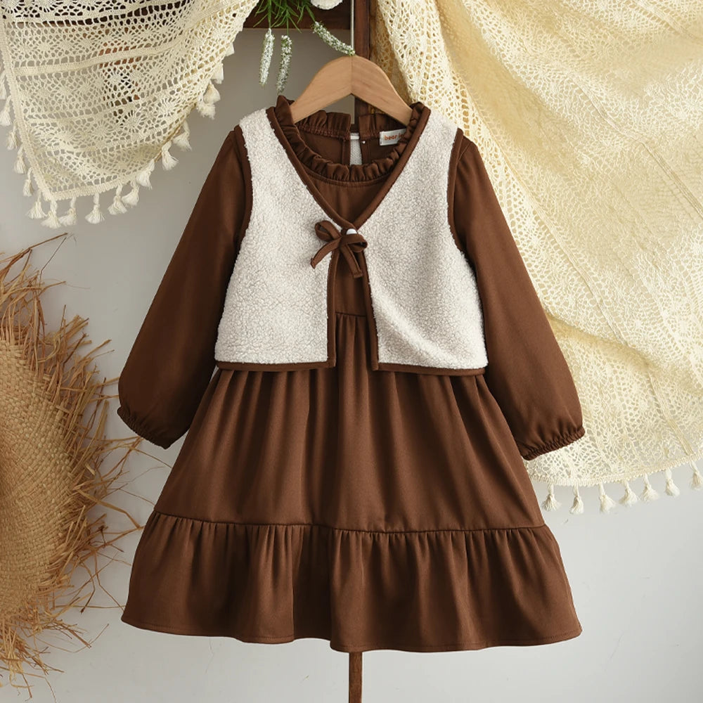 Coffee Long Sleeved Dress & Beige Teddy Velvet Vest Set