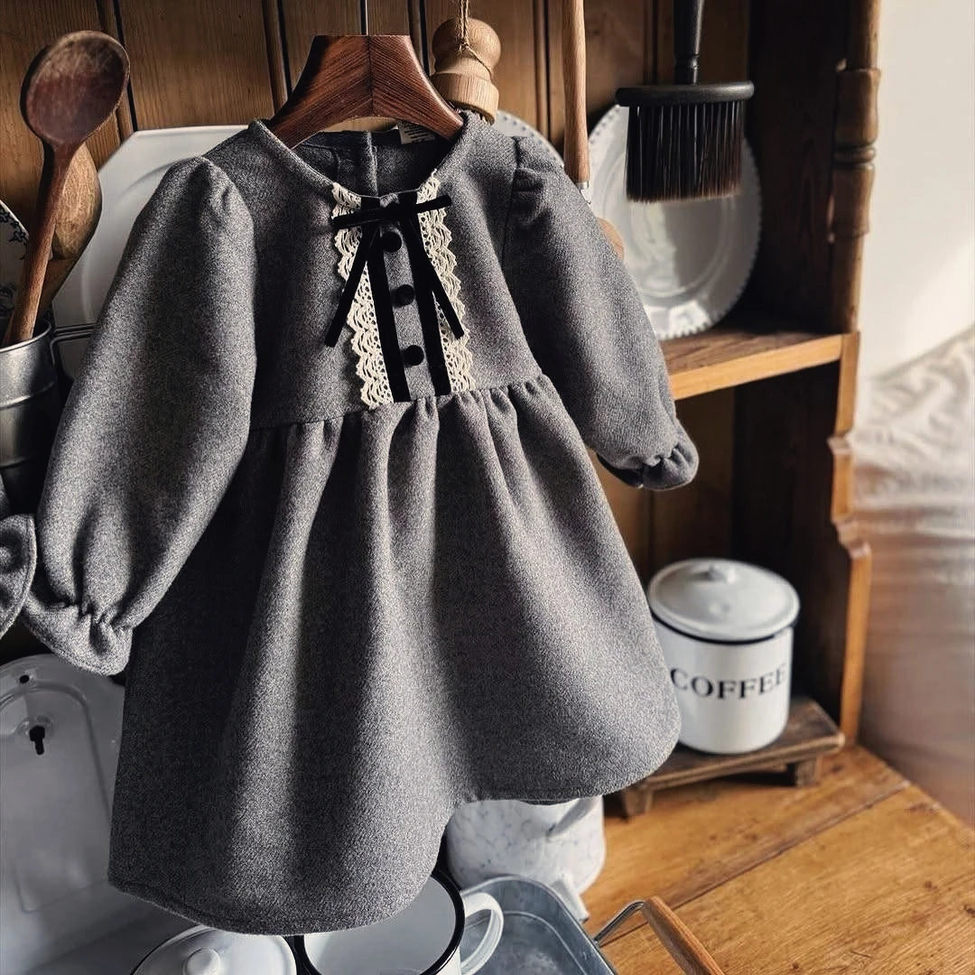 Solid Color Grey Long Sleeve Bow Dress