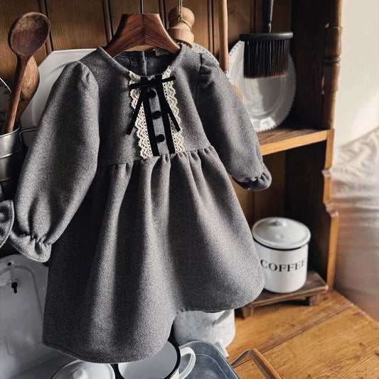 Solid Color Grey Long Sleeve Bow Dress