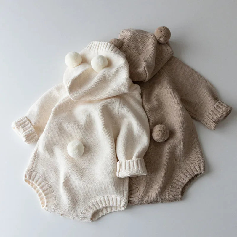 Knitted Solid Color Hooded Baby Romper