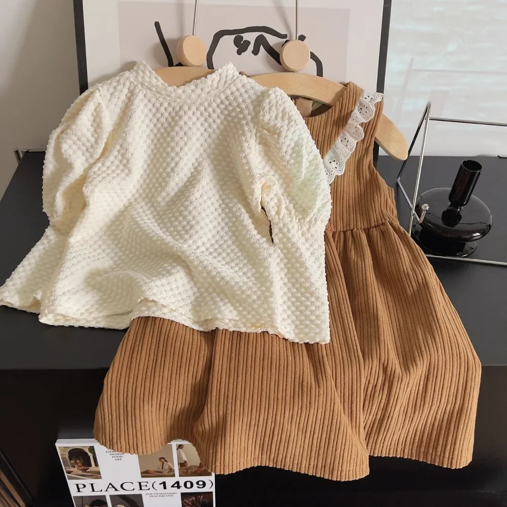 Bubble Sleeve White Bottom Shirt & Lace Tank Top Dress Two Piece Set