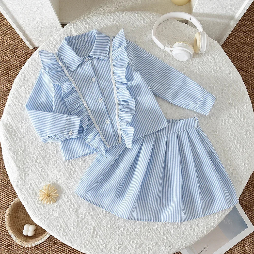 Striped Ruffled Shirt & Skirt 2Pcs Set