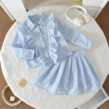 Striped Ruffled Shirt & Skirt 2Pcs Set