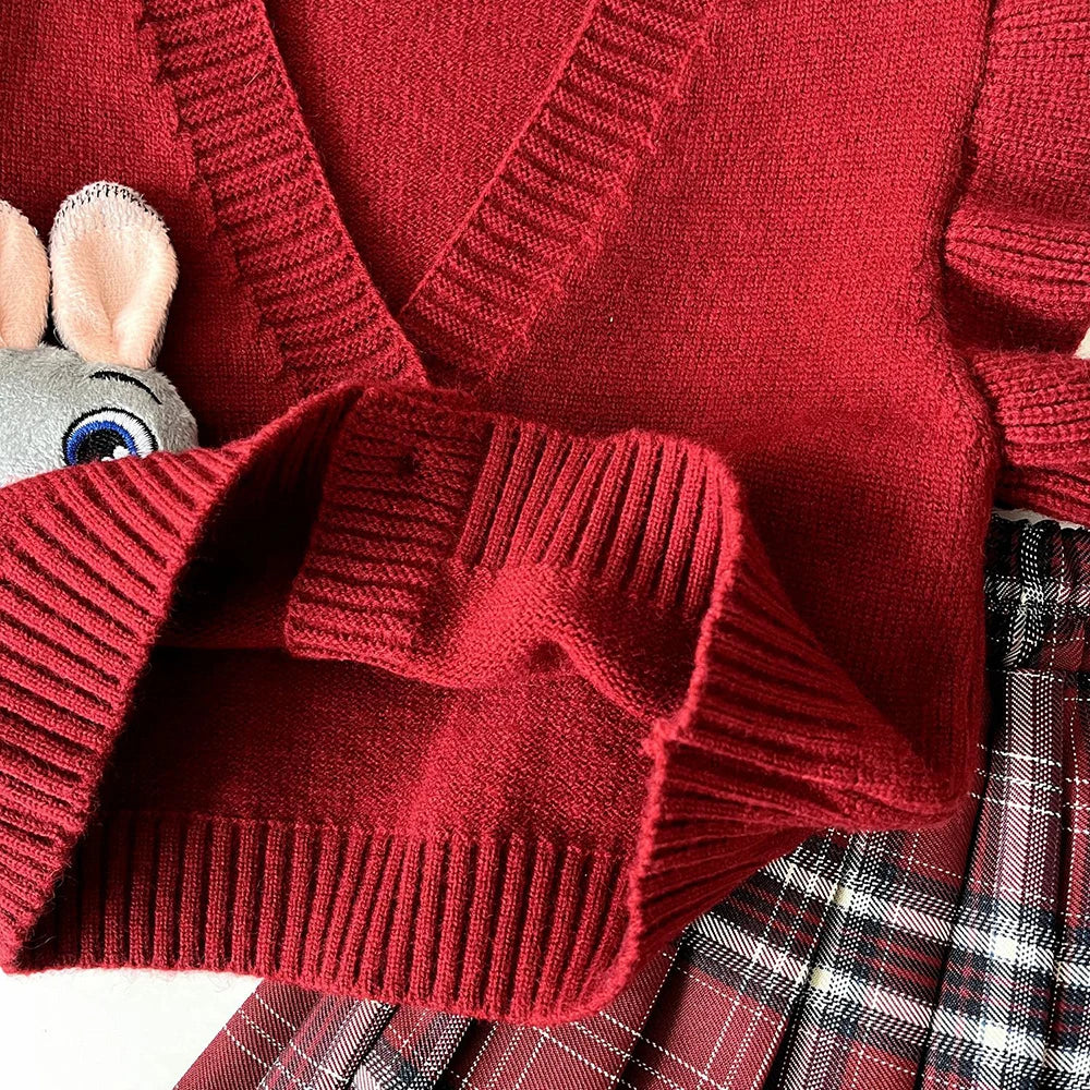 Knitted Vest With Turn-Down Collar & Plaid Skirt - 3pc Set Outfit