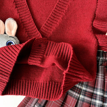 Knitted Vest With Turn-Down Collar & Plaid Skirt - 3pc Set Outfit