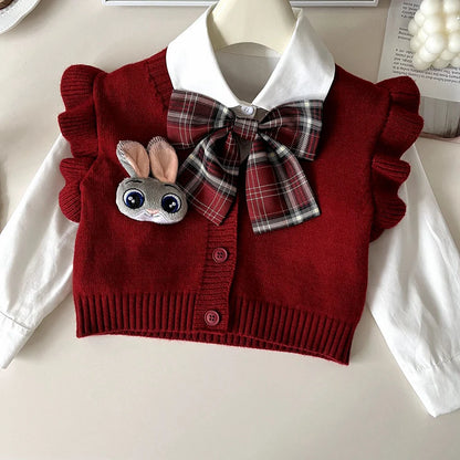 Knitted Vest With Turn-Down Collar & Plaid Skirt - 3pc Set Outfit