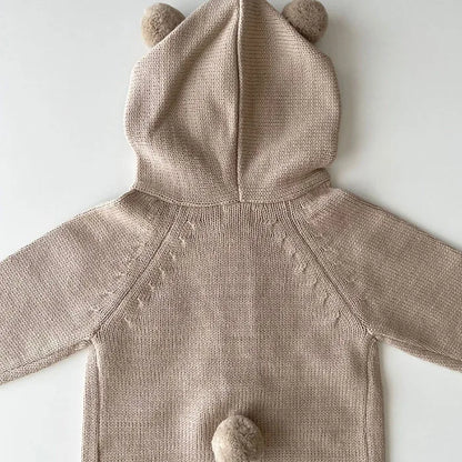 Knitted Solid Color Hooded Baby Romper