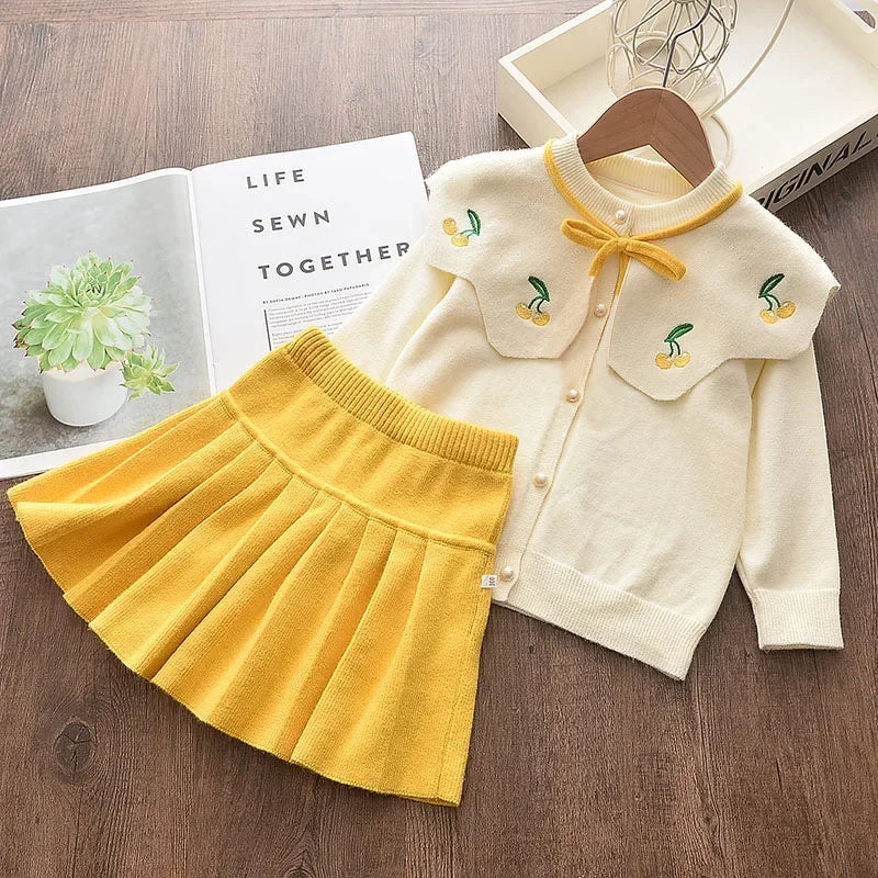 Winter Cute Embroidered Collar Bow Cardigan & Pleated Skirt Two-piece Set