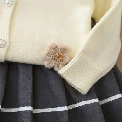 Sweet and Cute Flower Knitted Cardigan & Pleated Skirt Two-Piece Set