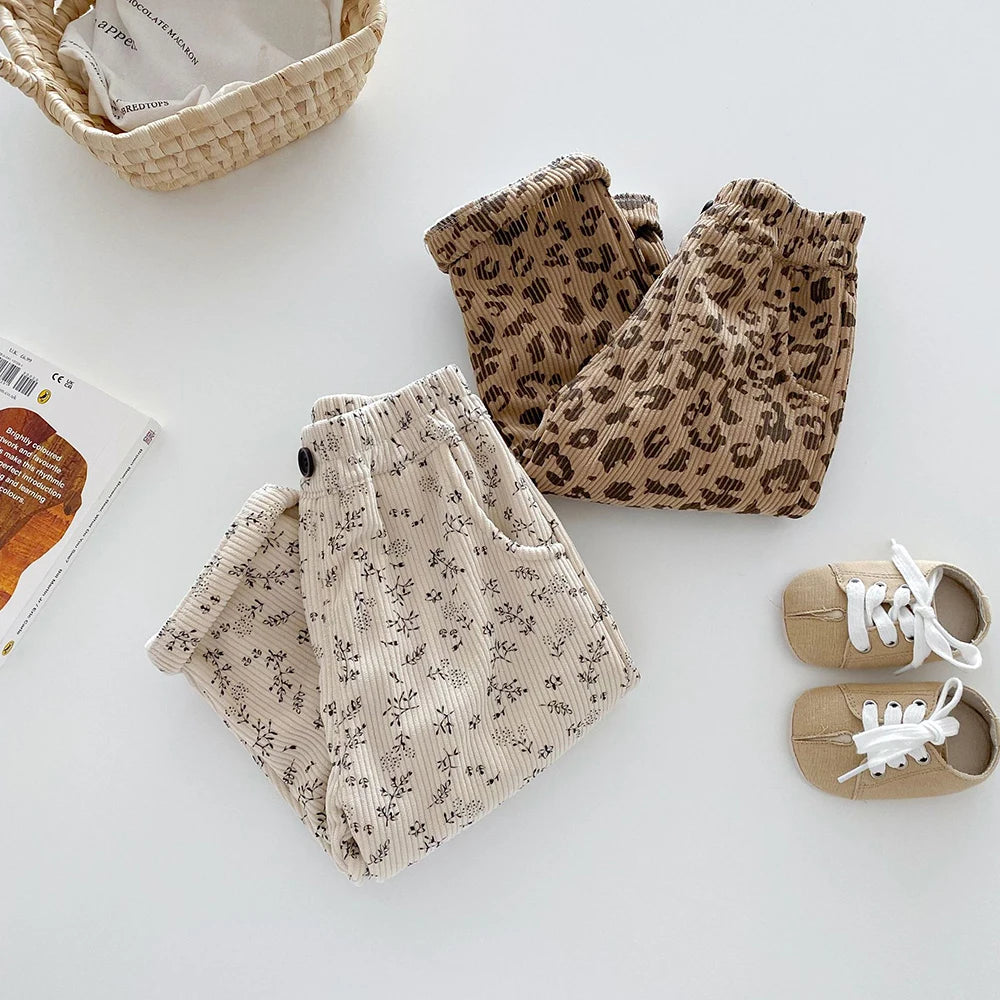 Warm Fleece-Lined Kids Pants - Floral & Leopard Print