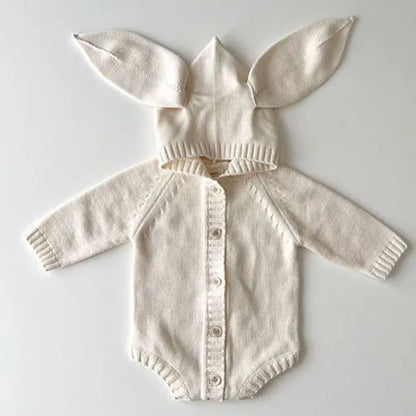 Knitted Solid Color Hooded Baby Romper