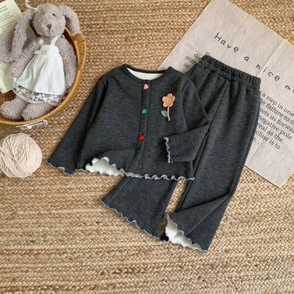 Plush Girls' Long Sleeved Top & Ruffle Pants Two Piece Set