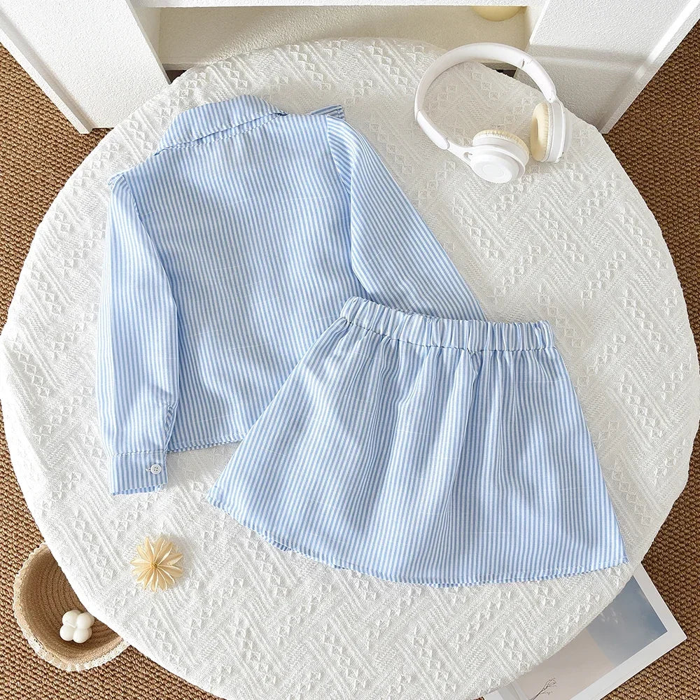 Striped Ruffled Shirt & Skirt 2Pcs Set