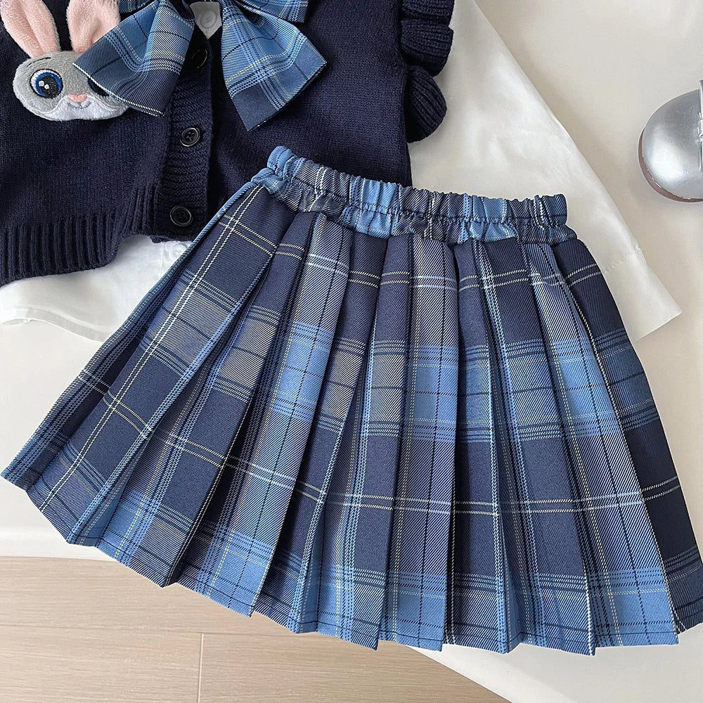 Knitted Vest With Turn-Down Collar & Plaid Skirt - 3pc Set Outfit