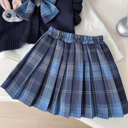 Knitted Vest With Turn-Down Collar & Plaid Skirt - 3pc Set Outfit