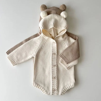 Knitted Solid Color Hooded Baby Romper