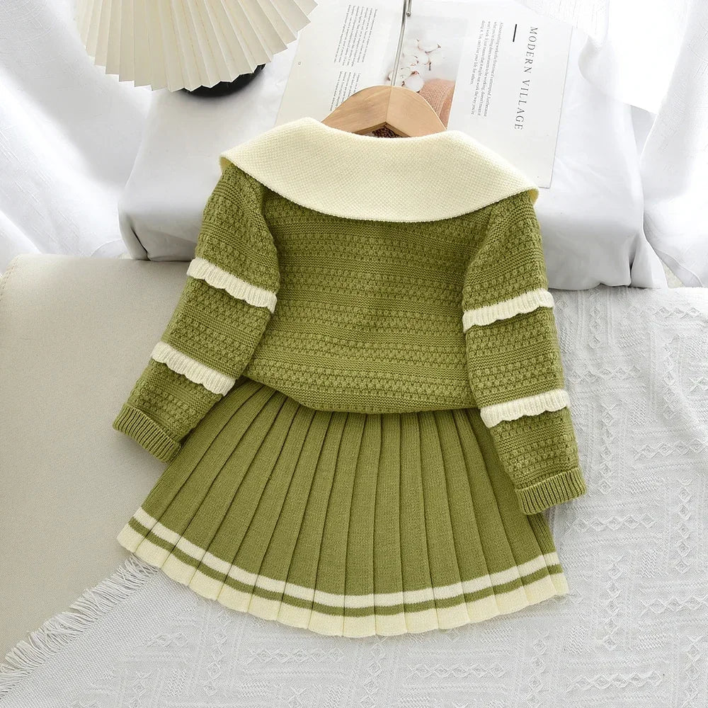 Doll Collar Cardigan & Pleated Skirt Two-piece Set