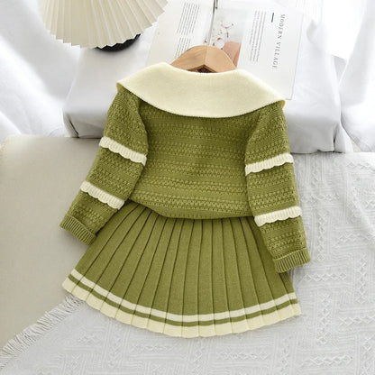 Doll Collar Cardigan & Pleated Skirt Two-piece Set