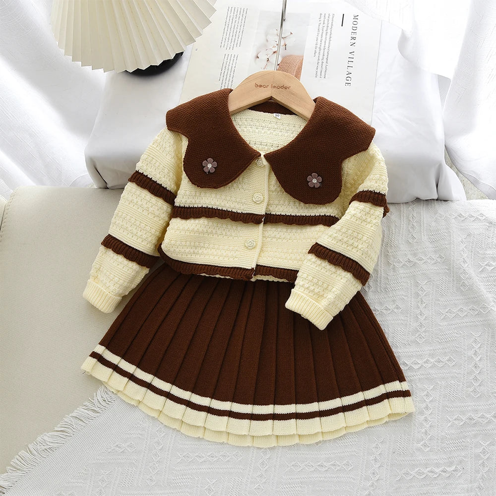 Doll Collar Cardigan & Pleated Skirt Two-piece Set