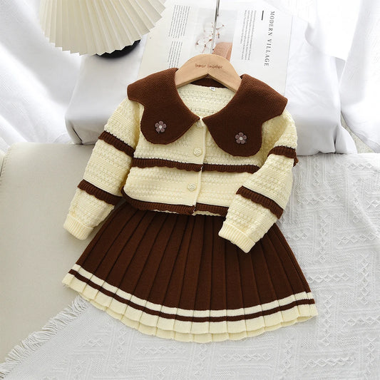 Doll Collar Cardigan & Pleated Skirt Two-piece Set