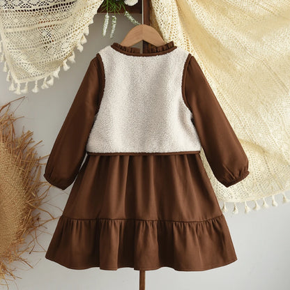 Coffee Long Sleeved Dress & Beige Teddy Velvet Vest Set