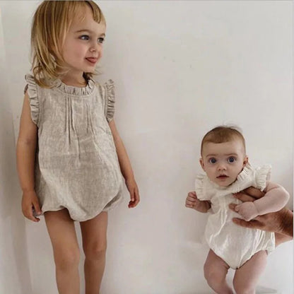 Vintage Ruffle Lace Baby Romper – Cotton Linen Bodysuit