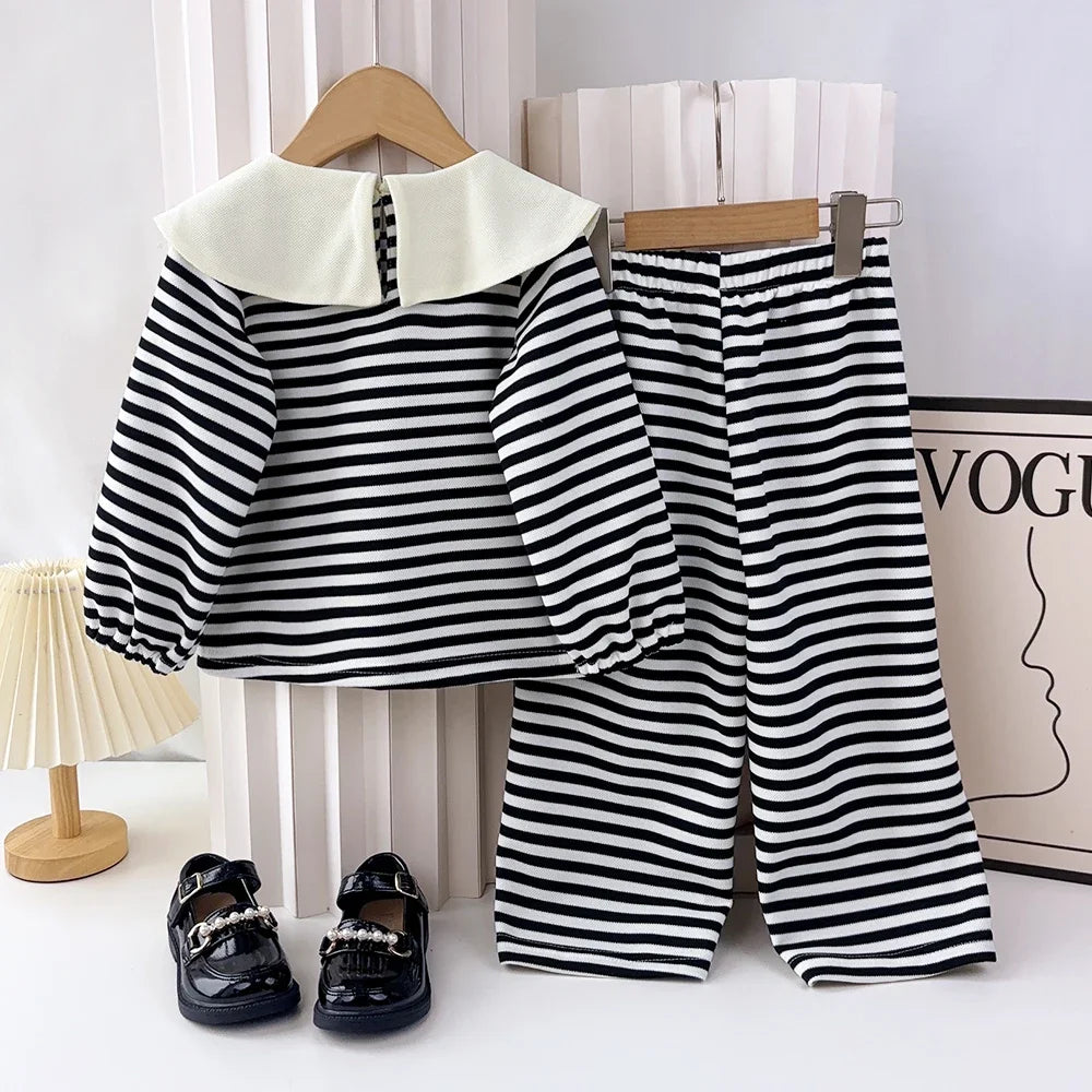 Stripe Collar Long Sleeve Top And Pants Set