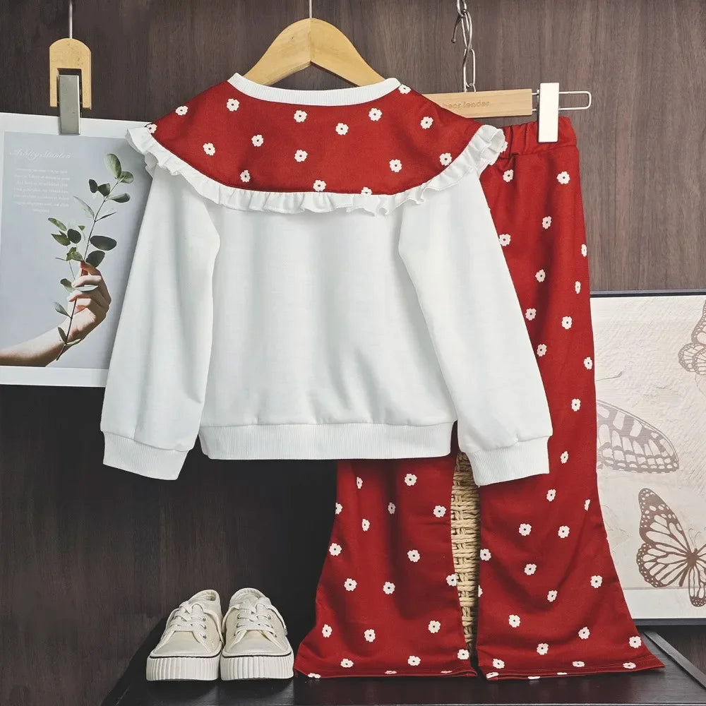 Collar T-shirt Top & Flower Pants Two-Piece Set