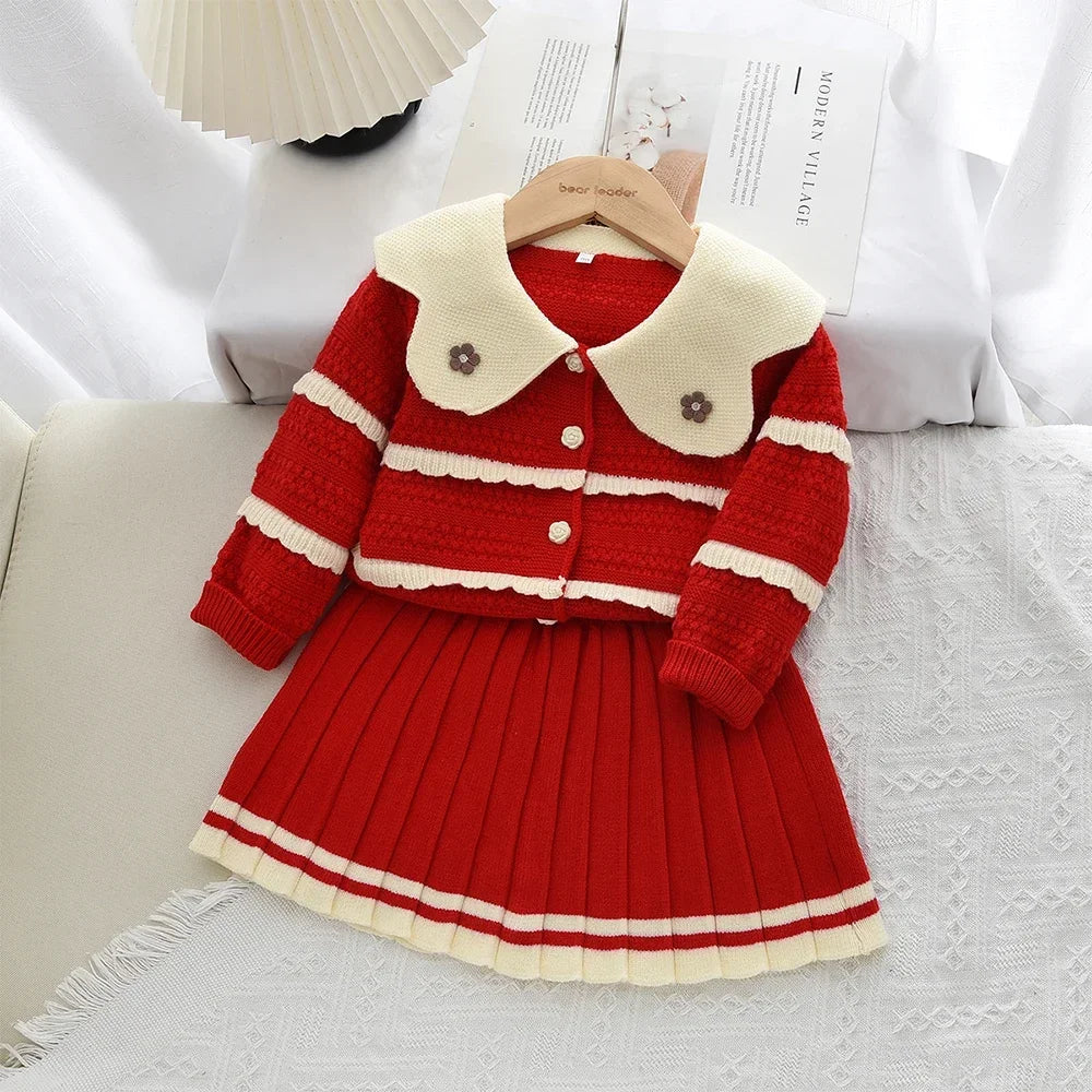 Doll Collar Cardigan & Pleated Skirt Two-piece Set