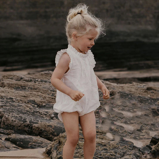 Vintage Ruffle Lace Baby Romper – Cotton Linen Bodysuit