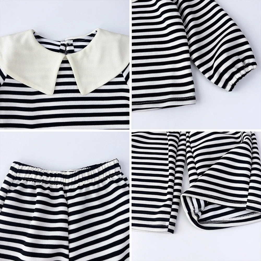 Stripe Collar Long Sleeve Top And Pants Set