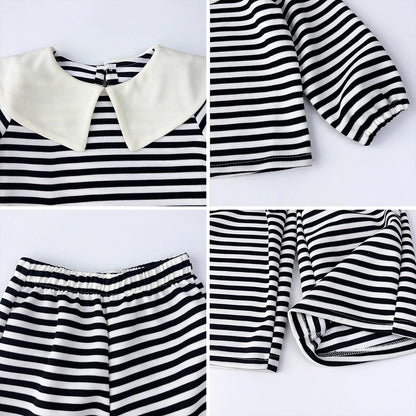 Stripe Collar Long Sleeve Top And Pants Set