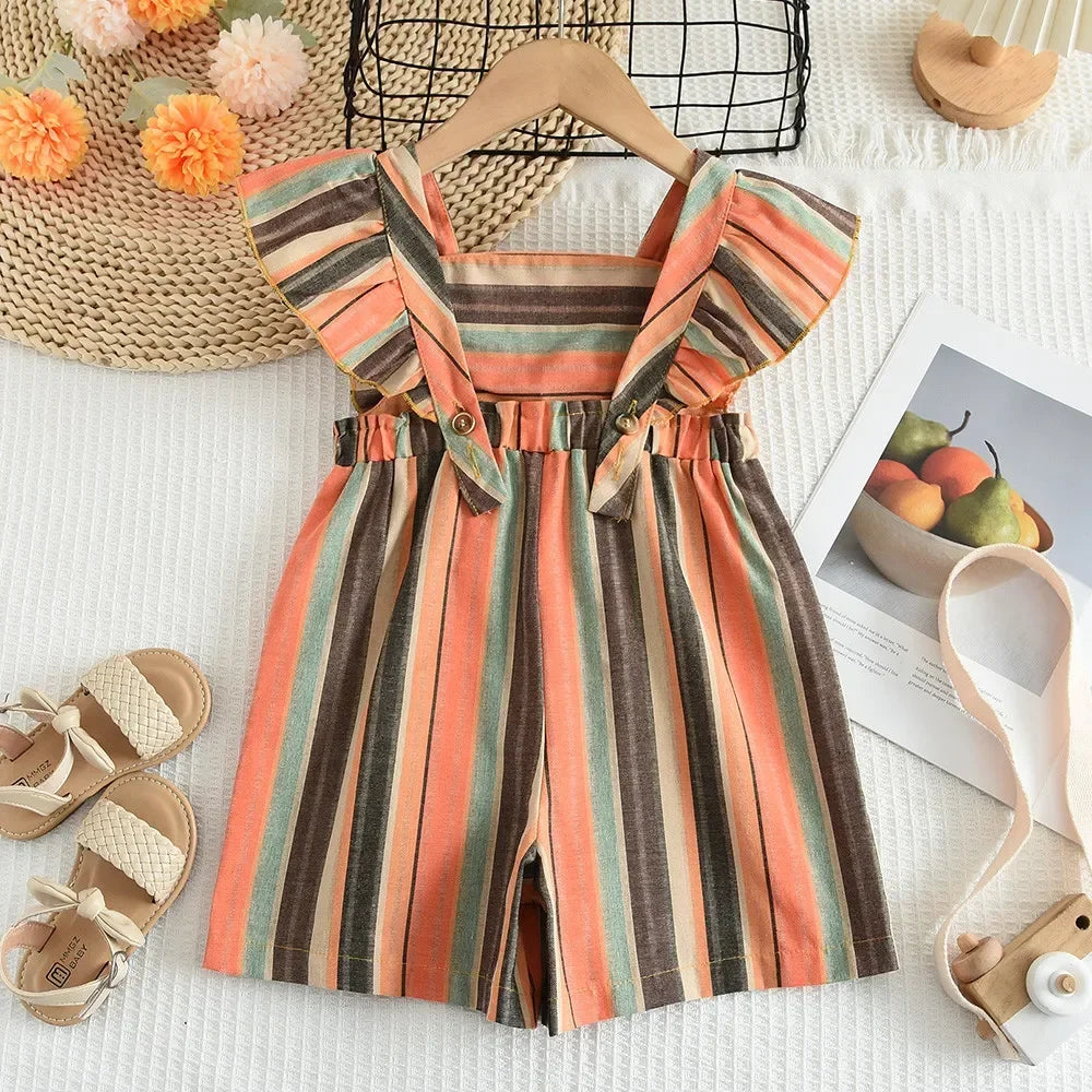 Flying Sleeve Vertical Striped Jumpsuit