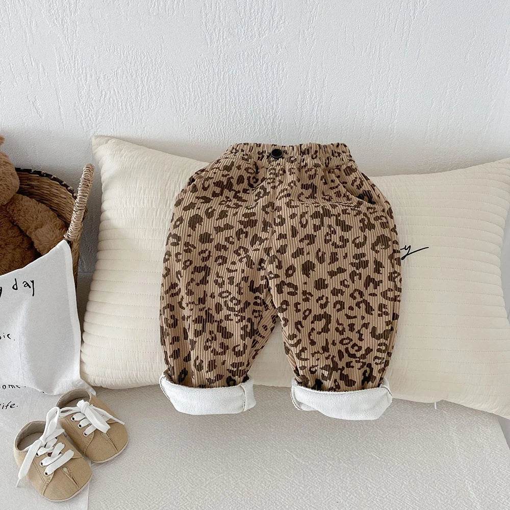 Warm Fleece-Lined Kids Pants - Floral & Leopard Print