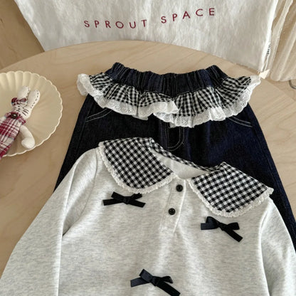 Collared Checkered Bow Top & Lace Wide Leg Pants Set