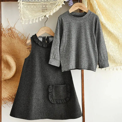 Gray Sleeveless Pocket Vest Dress & Long Sleeved Top Two-piece Set