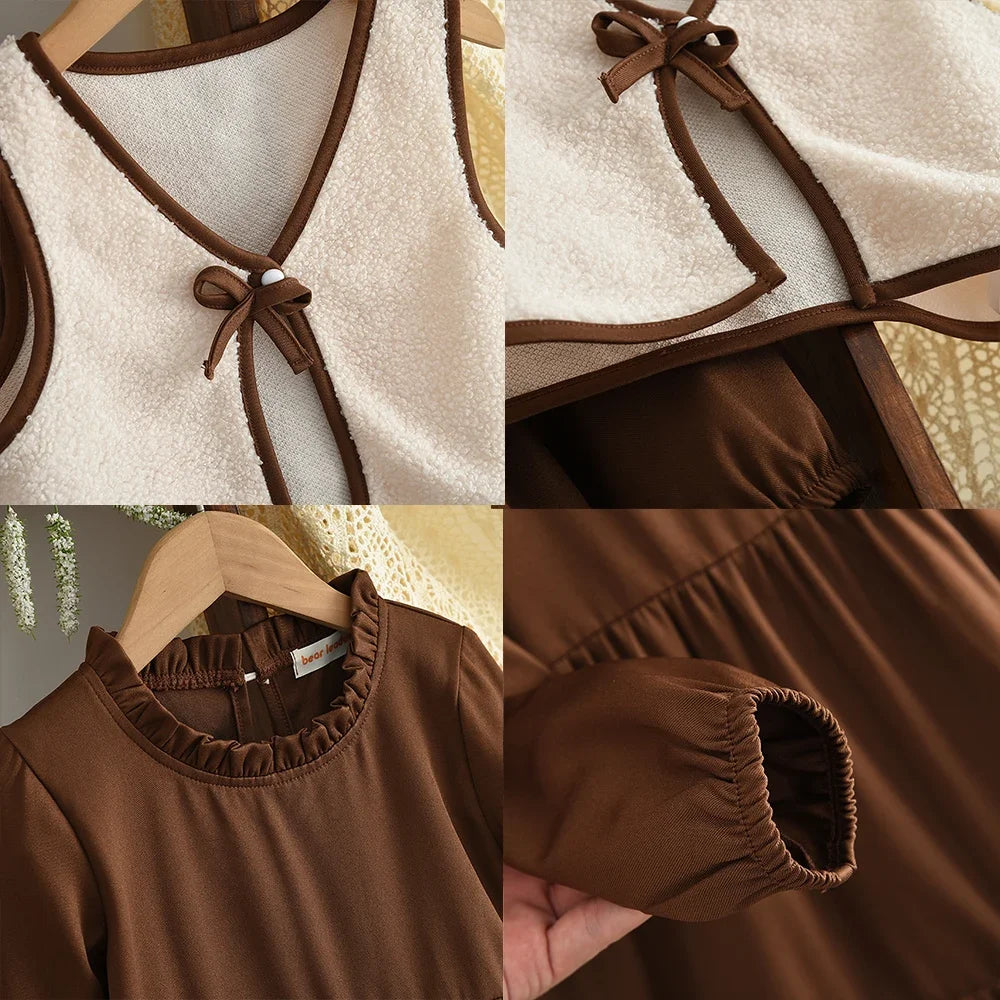 Coffee Long Sleeved Dress & Beige Teddy Velvet Vest Set