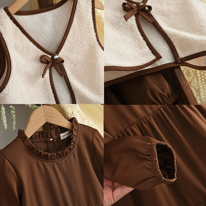 Coffee Long Sleeved Dress & Beige Teddy Velvet Vest Set