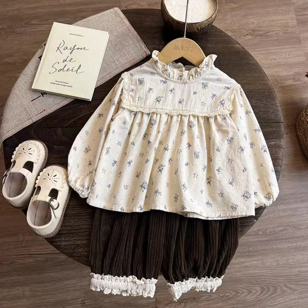 Floral Doll Shirt & Lace Ankle Pants Two-Piece Set
