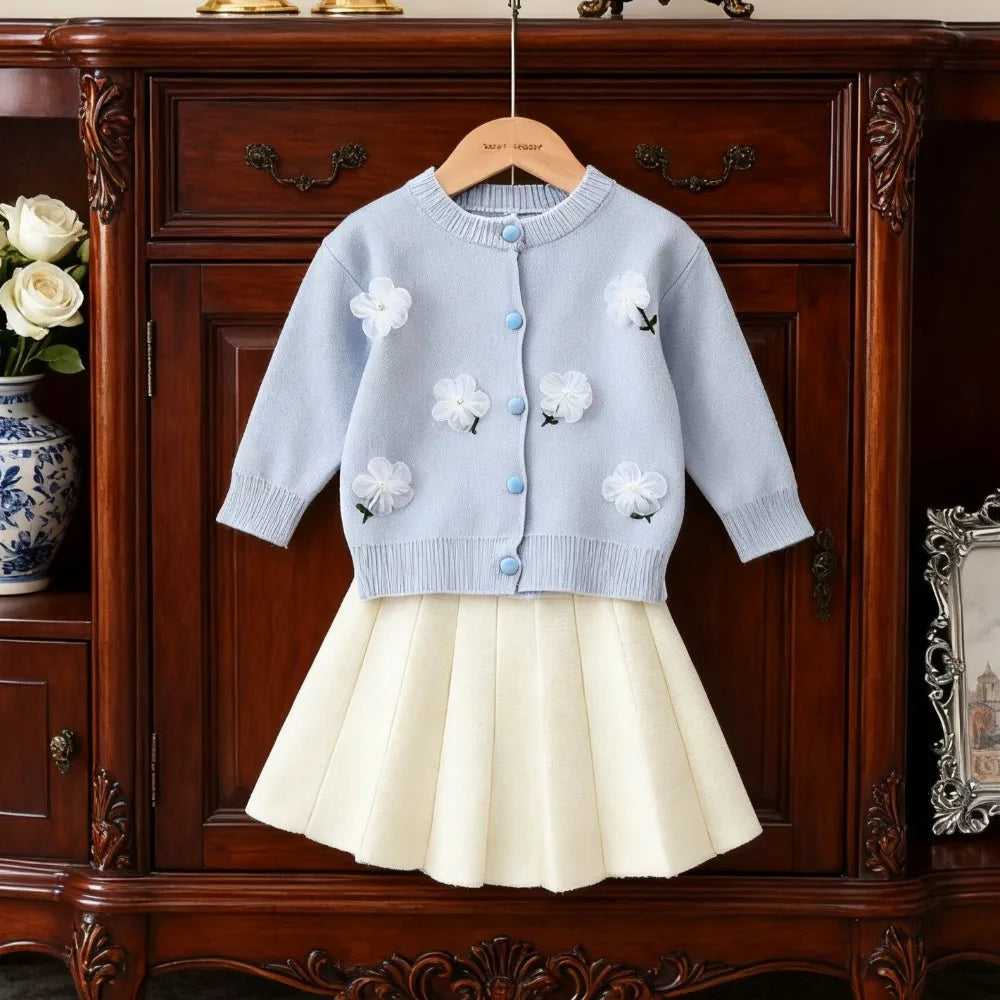 Sweet Blue Flower Knitted Cardigan Top & Beige Skirt Two-piece Set
