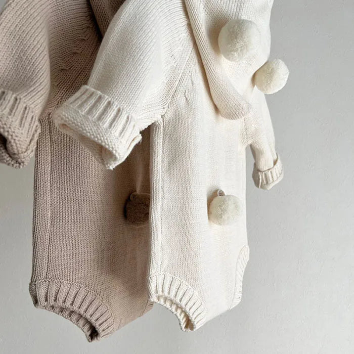 Knitted Solid Color Hooded Baby Romper