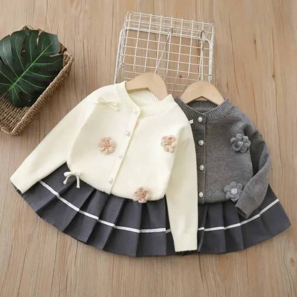 Sweet and Cute Flower Knitted Cardigan & Pleated Skirt Two-Piece Set