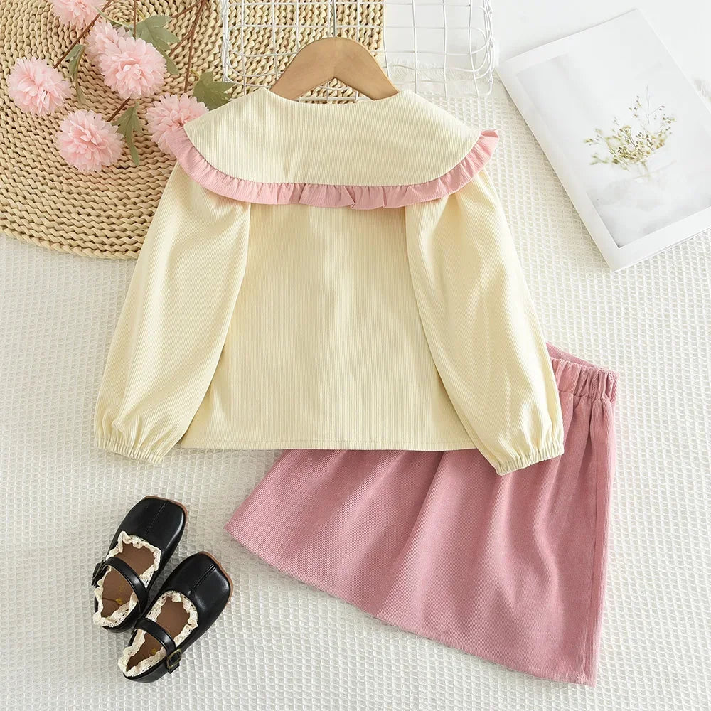 Sweet Lapel Embroidered Top & Bow Skirt Two-piece Set