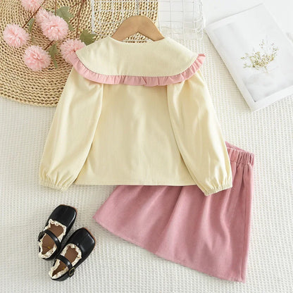 Sweet Lapel Embroidered Top & Bow Skirt Two-piece Set