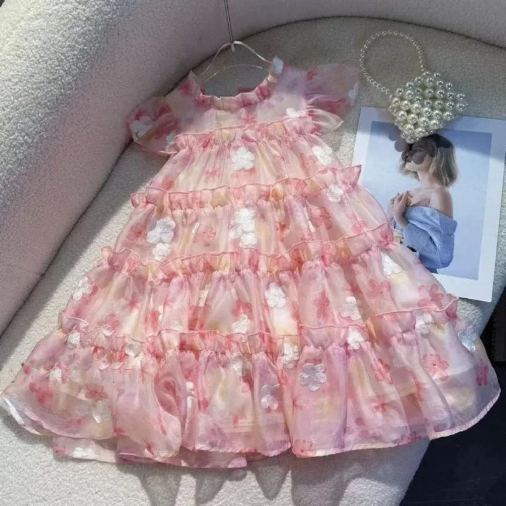 Pink Lace Floral Puff Cake Princess Dress