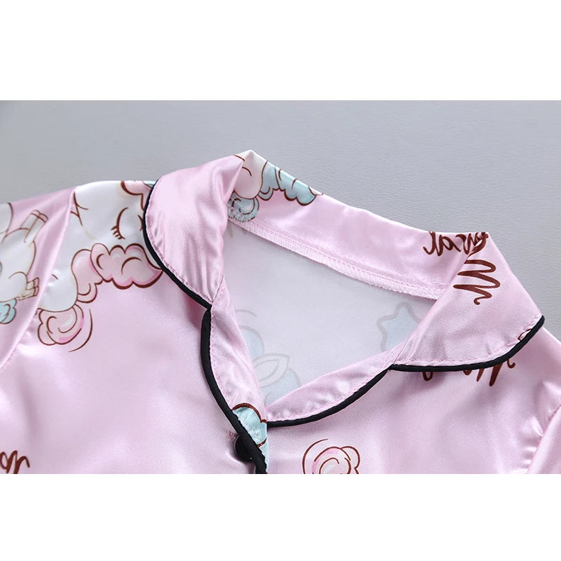 Pink Satin Unicorn Girls Pyjamas Set
