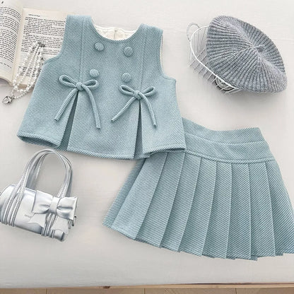 Pink and Blue Bow Vest & Pleated Skirt Two Piece Set