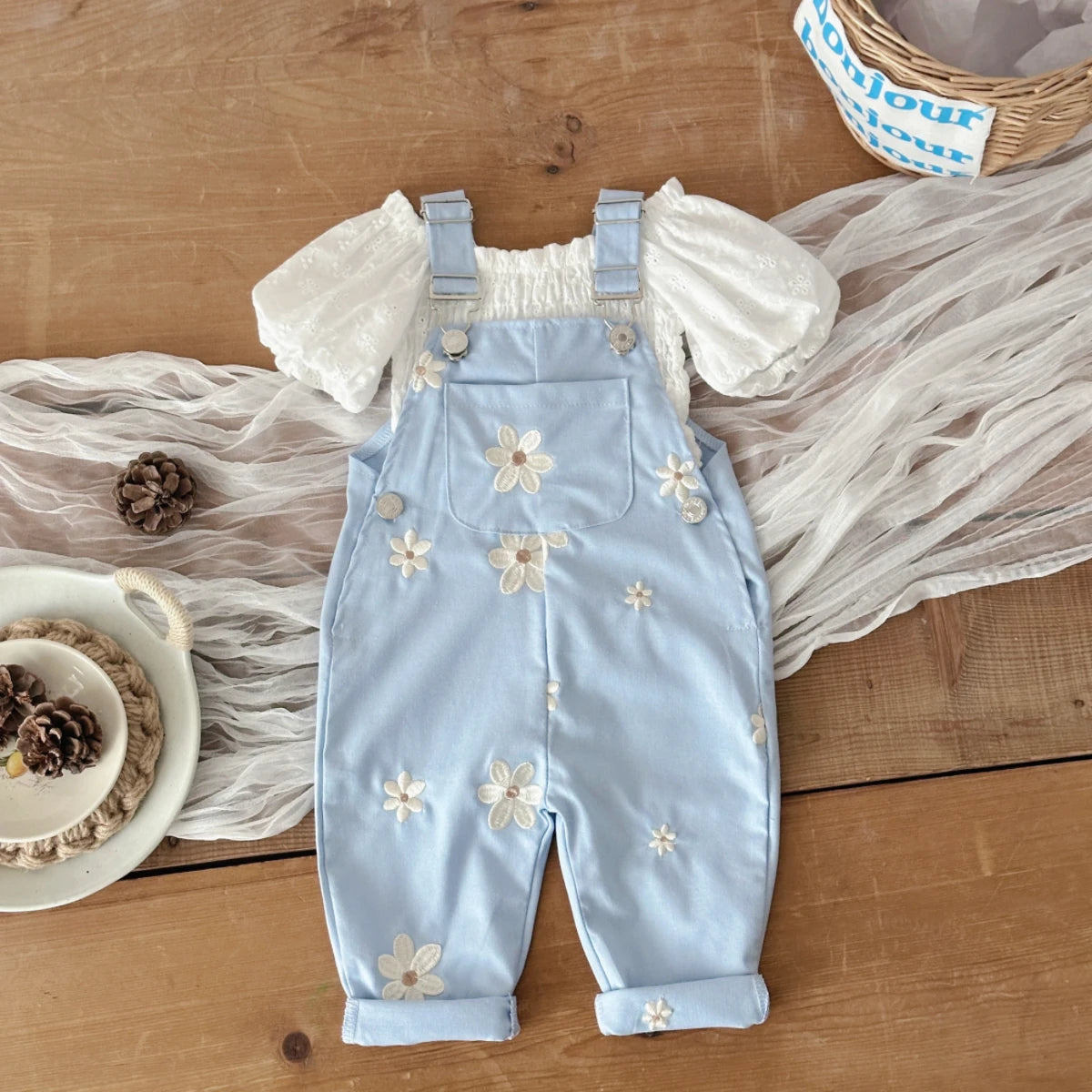 Baby Suspender Pants Flower Embroidery Loose Overalls