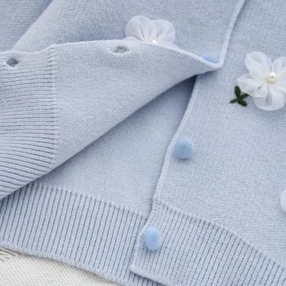 Sweet Blue Flower Knitted Cardigan Top & Beige Skirt Two-piece Set