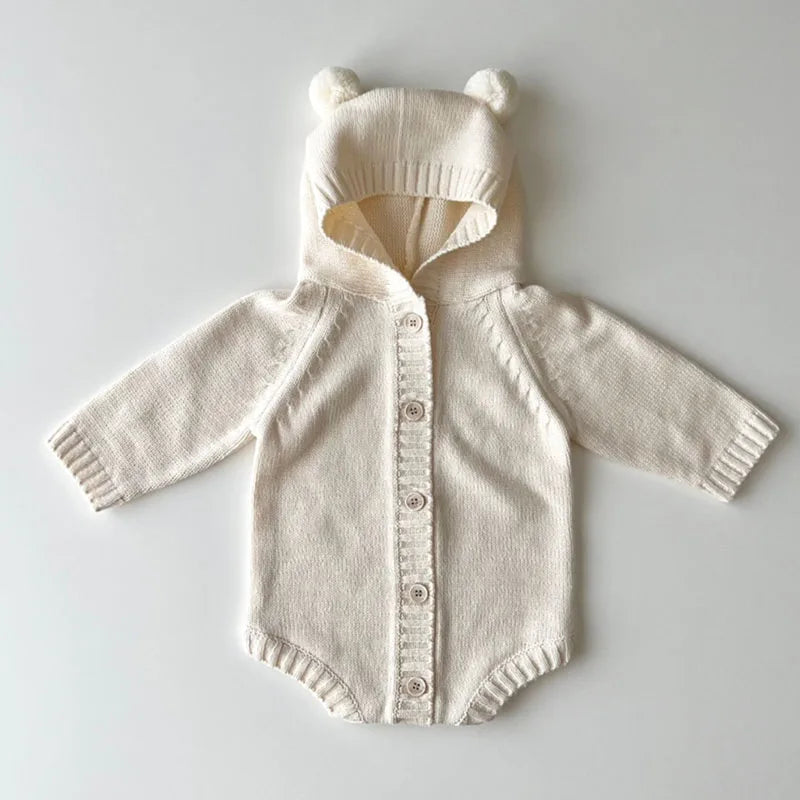 Knitted Solid Color Hooded Baby Romper